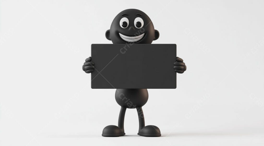 Boneco 3D segurando placa preta fundo branco