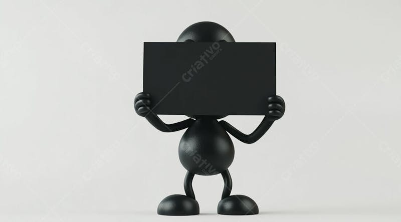 Mascote preto segurando uma placa preta contra um fundo branco