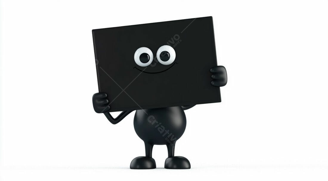 Boneco preto segurando cartaz fundo branco