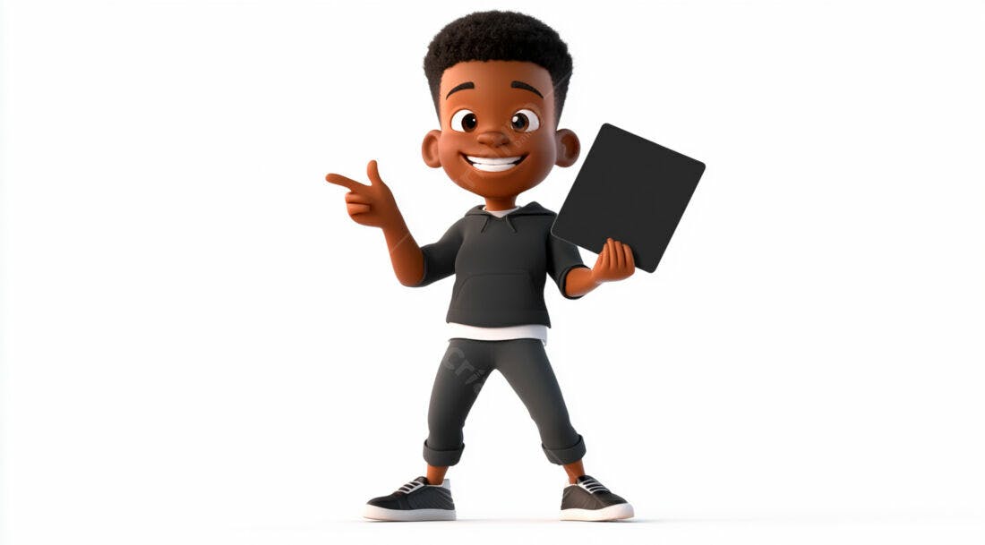 Menino negro com tablet em fundo branco