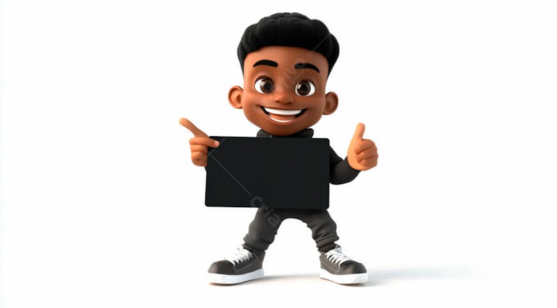 Garoto negro 3d sorridente segurando uma placa em um fundo branco