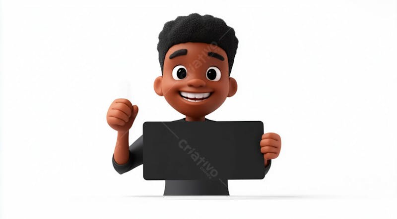 Garoto negro 3d sorridente segurando uma placa em um fundo branco