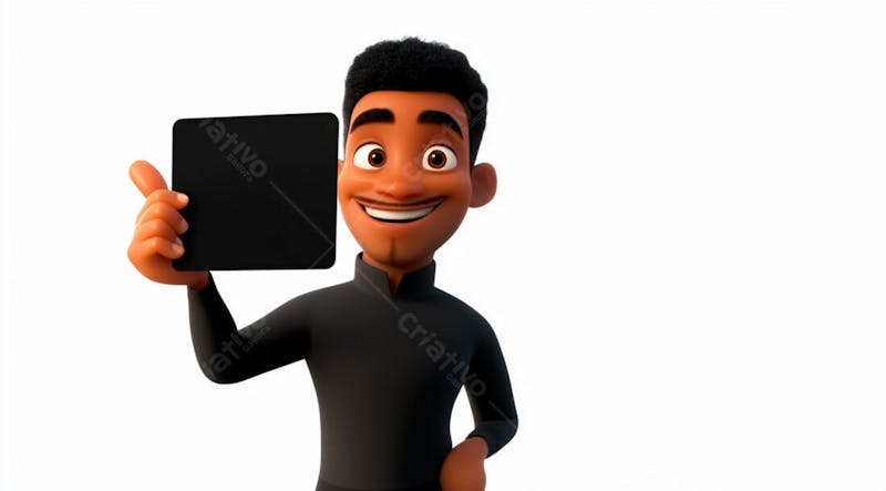 Garoto negro 3d sorridente segurando uma placa em um fundo branco