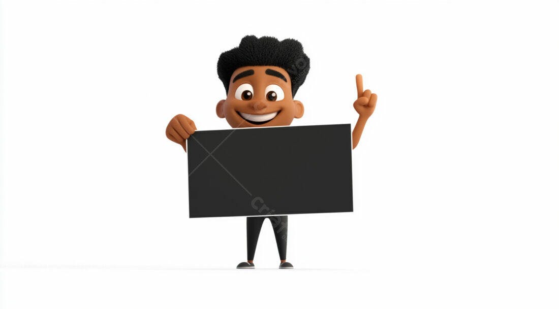 Personagem 3D segurando placa preta