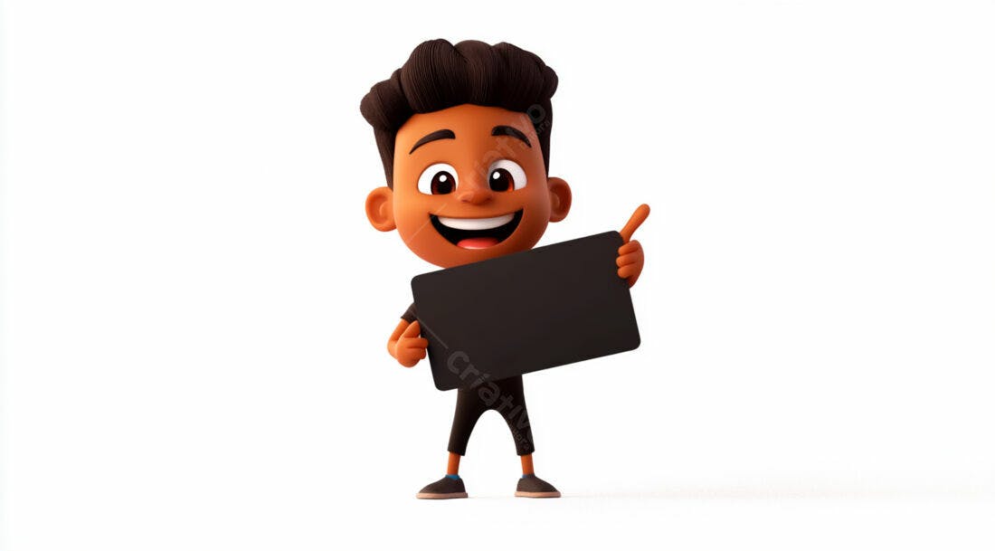 Menino animado com placa preta