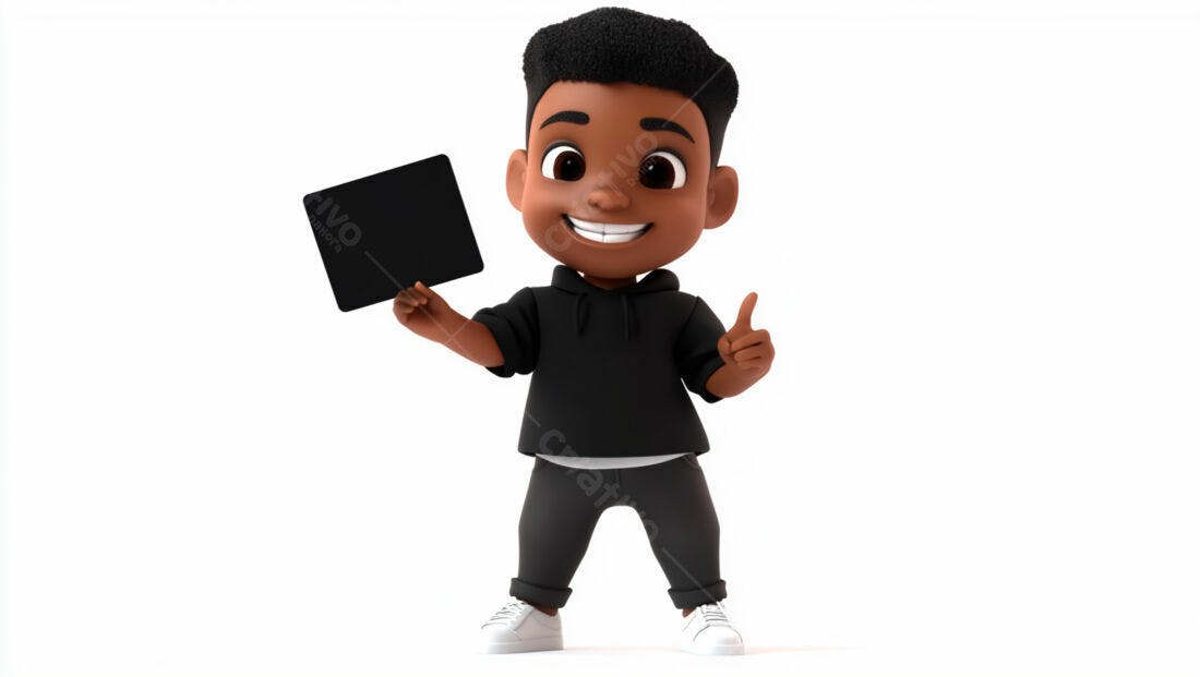 Menino negro segurando placa preta fundo branco