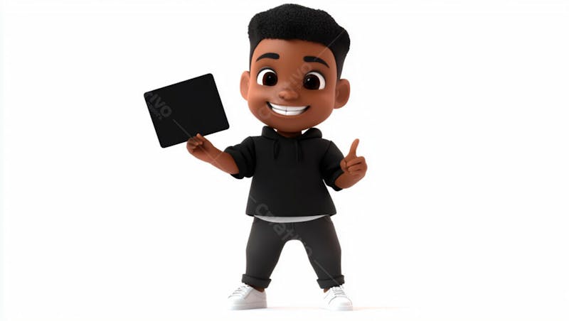 Garoto negro 3d sorridente segurando uma placa em um fundo branco