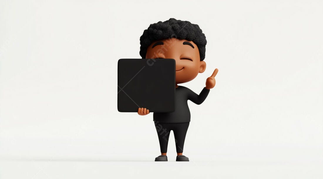 Menino negro segurando placa preta fundo branco