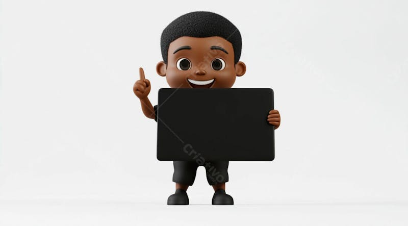 Garoto negro 3d sorridente segurando uma placa em um fundo branco