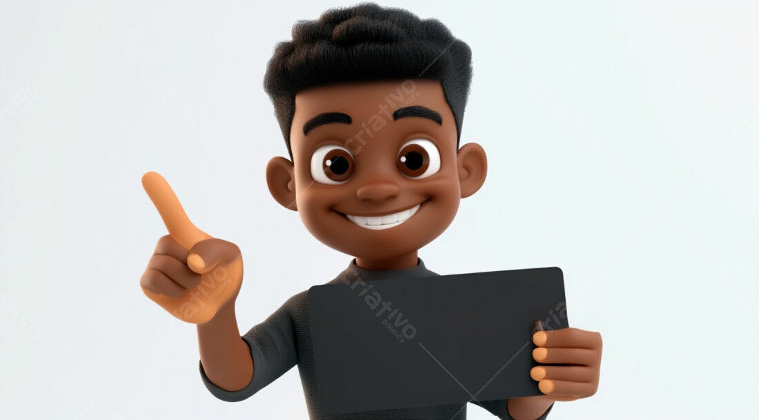 Menino negro sorridente apresenta tablet