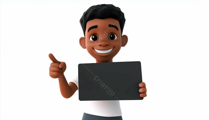 Garoto negro 3d sorridente segurando uma placa em um fundo branco