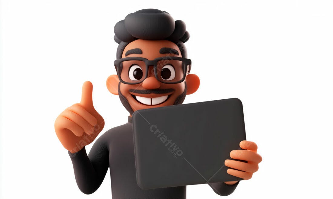 Homem com tablet sorrindo e mostrando positivo