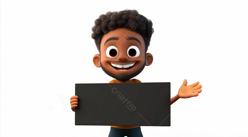 Garoto negro 3d sorridente segurando uma placa em um fundo branco