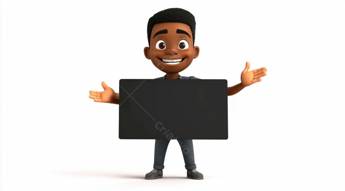 Menino negro animado segurando placa preta