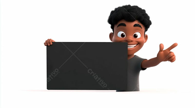 Garoto negro 3d sorridente segurando uma placa em um fundo branco