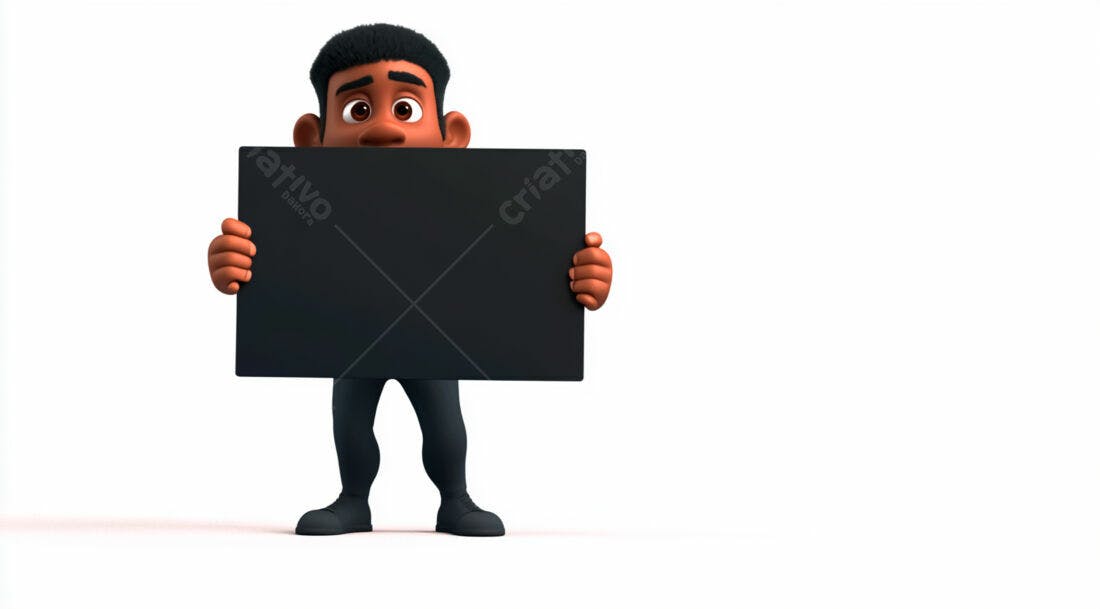 Personagem 3D segurando placa preta