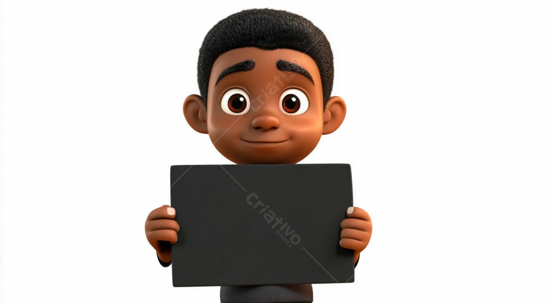 Menino negro segurando placa preta fundo branco