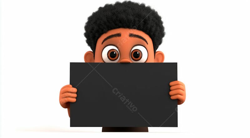 Garoto negro 3d sorridente segurando uma placa em um fundo branco