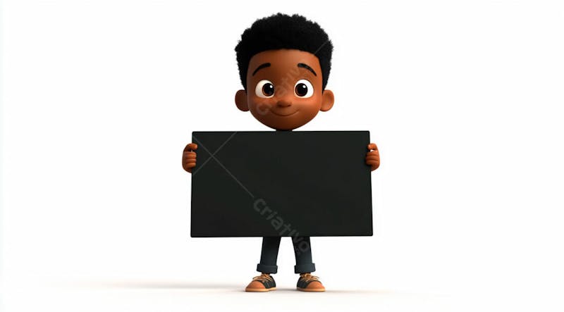 Garoto negro 3d sorridente segurando uma placa em um fundo branco