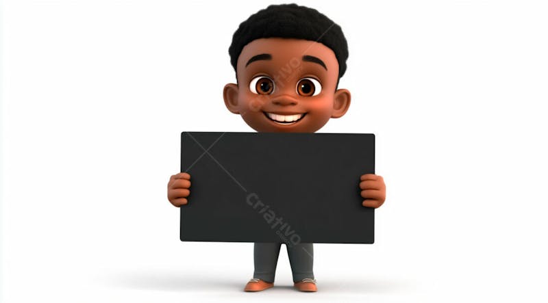 Garoto negro 3d sorridente segurando uma placa em um fundo branco