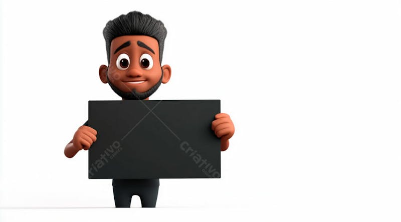 Garoto negro 3d sorridente segurando uma placa em um fundo branco