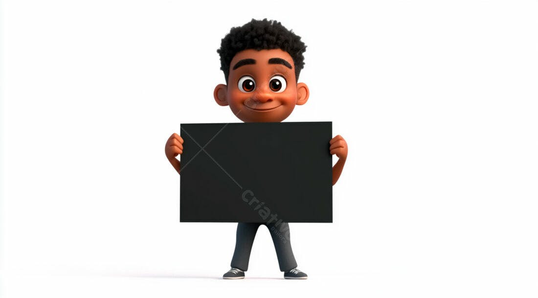 Menino negro segurando cartaz preto fundo branco