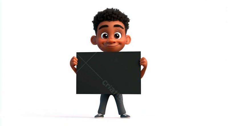 Garoto negro 3d sorridente segurando uma placa em um fundo branco