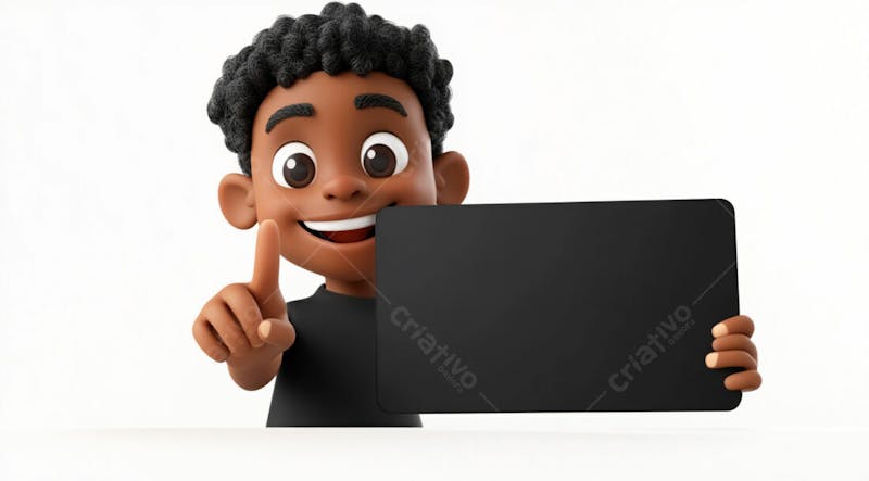 Garoto negro 3d sorridente segurando uma placa em um fundo branco