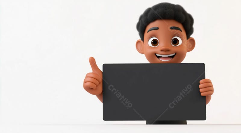 Garoto negro 3d sorridente segurando uma placa em um fundo branco