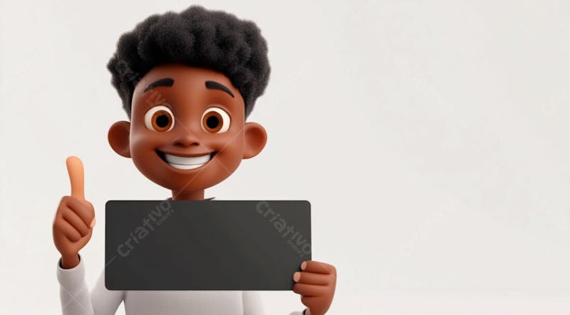 Garoto negro 3d sorridente segurando uma placa em um fundo branco