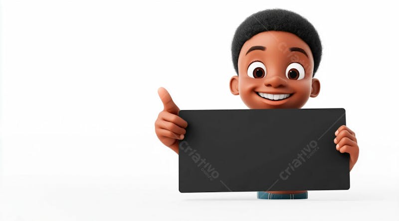 Garoto negro 3d sorridente segurando uma placa em um fundo branco