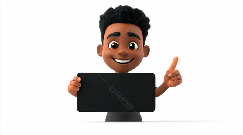 Garoto negro 3d sorridente segurando uma placa em um fundo branco