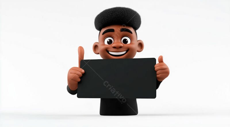 Garoto negro 3d sorridente segurando uma placa em um fundo branco