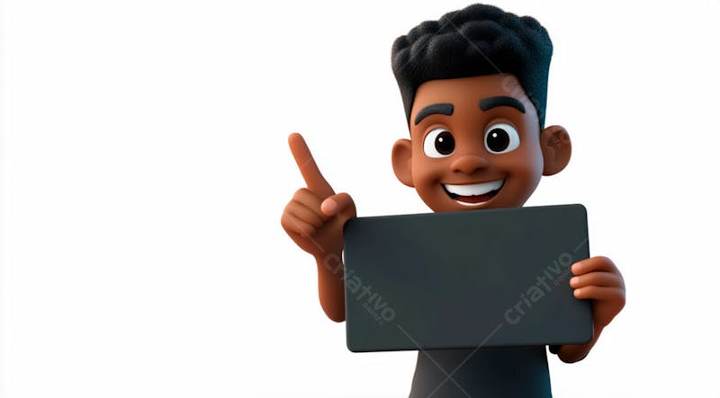 Garoto negro 3d sorridente segurando uma placa em um fundo branco