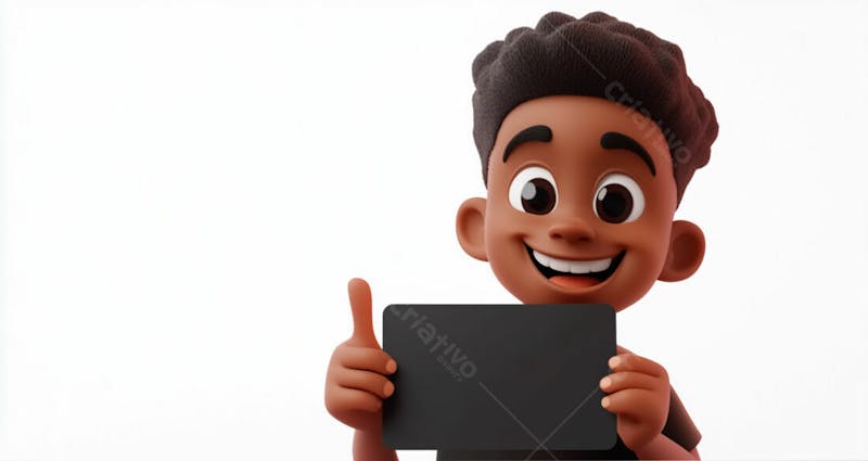 Garoto negro 3d sorridente segurando uma placa em um fundo branco