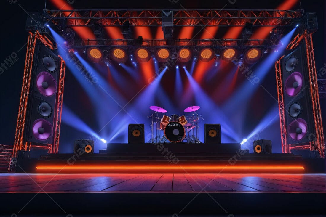 Palco de show com bateria iluminado