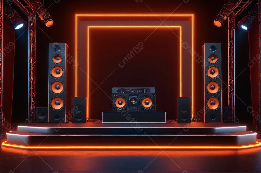 Sistema de Som Profissional em Palco com Iluminação Neon Laranja