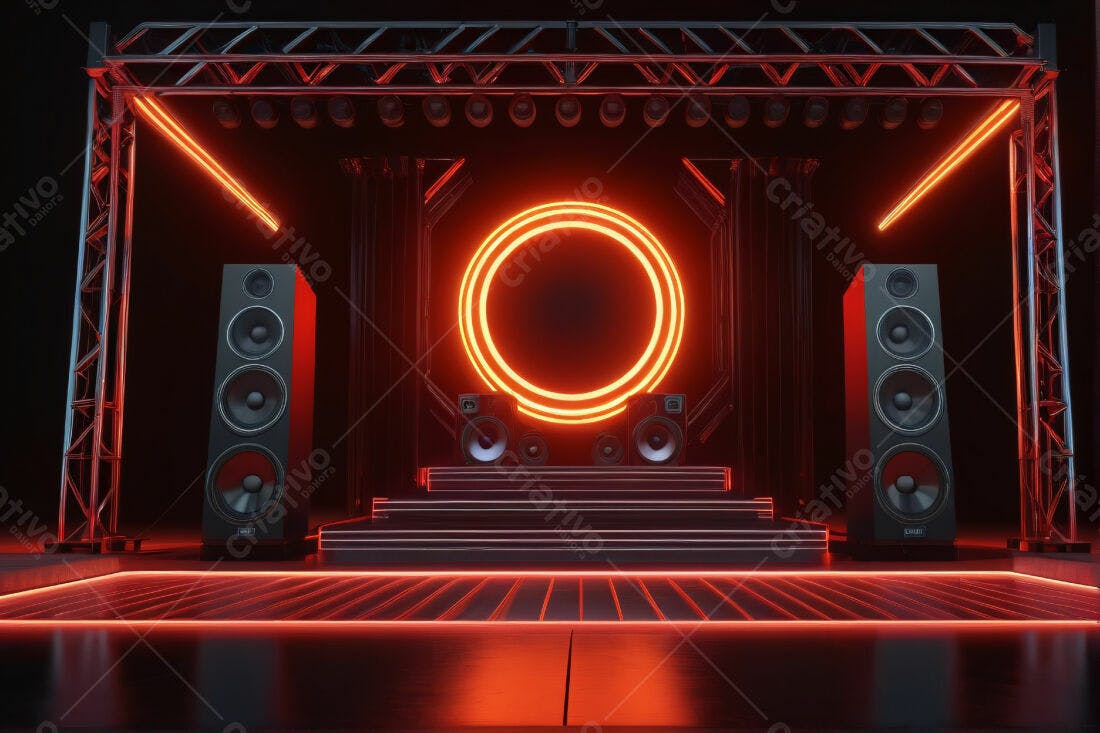 Palco com iluminação neon laranja e caixas de som