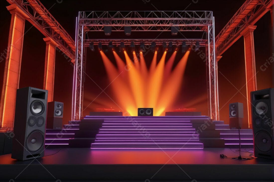 Palco de concerto com iluminação laranja e roxa