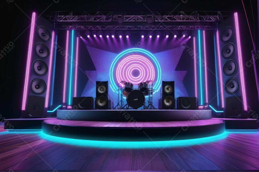 Palco de música com bateria e iluminação neon