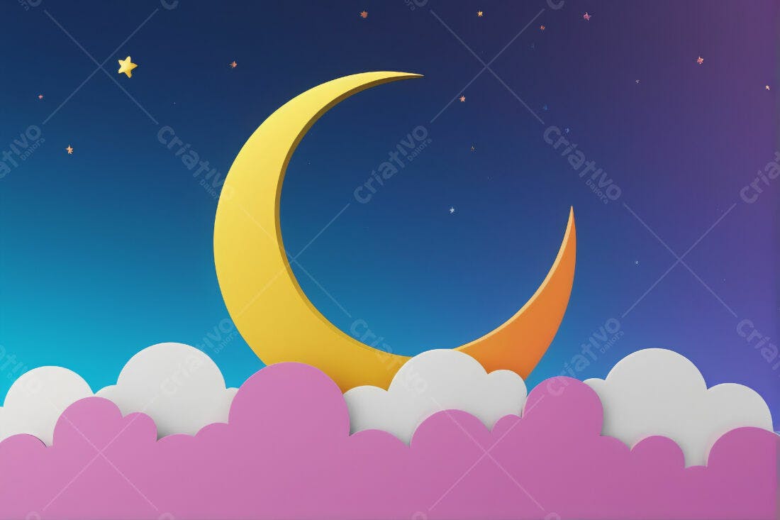 Lua crescente sobre nuvens rosa e brancas