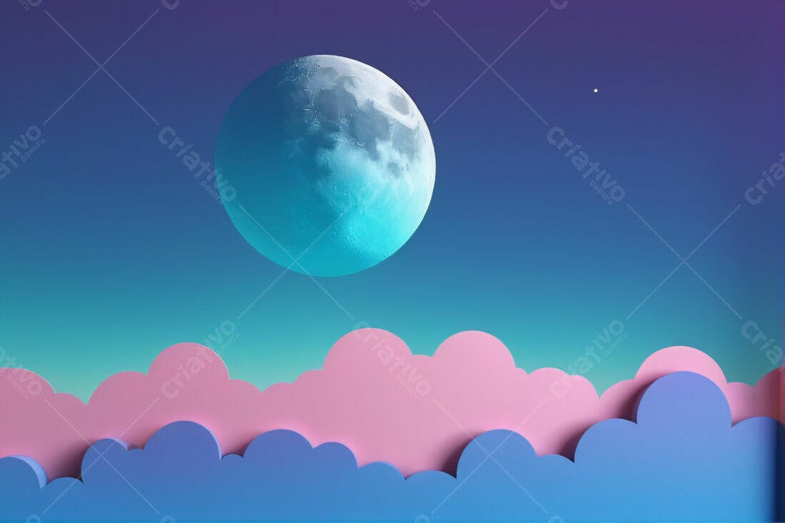 Lua azul sobre nuvens rosa e azuis