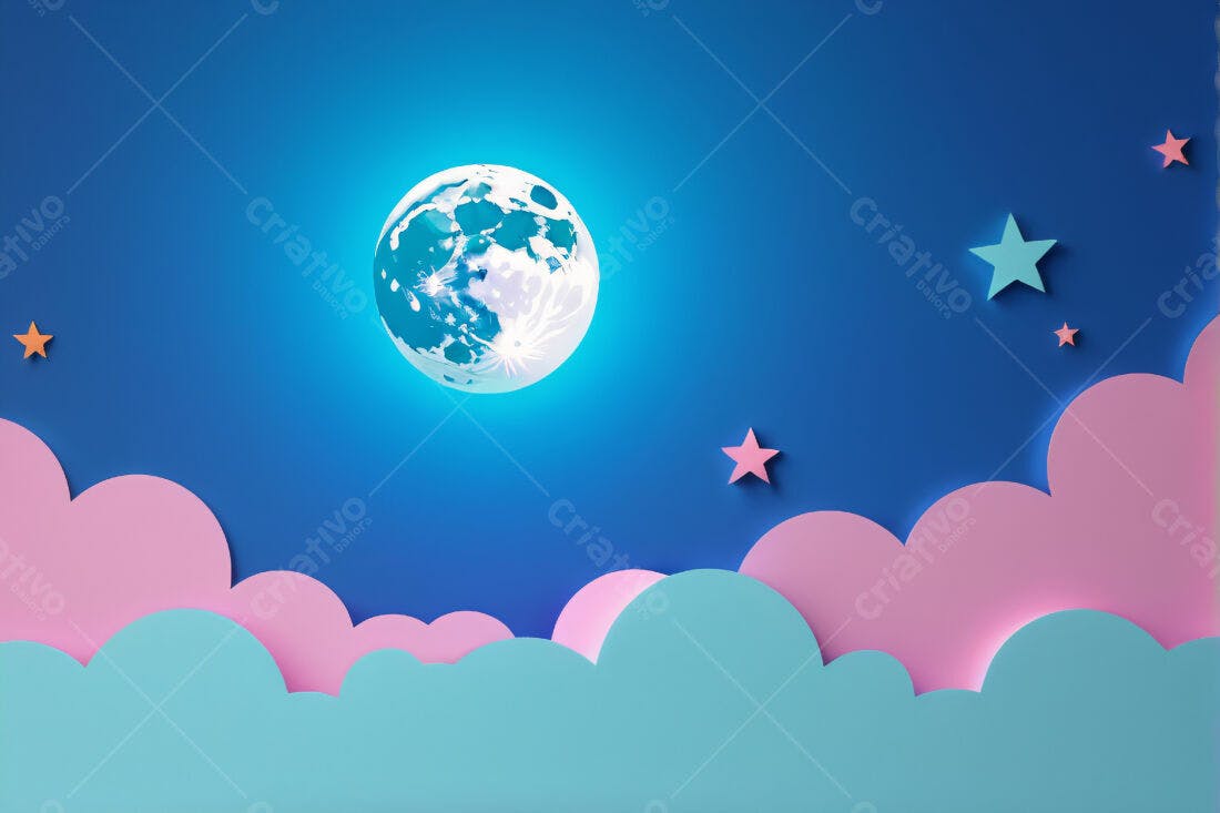 Lua cheia sobre nuvens rosa e azul