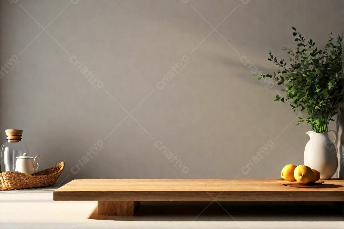 Mesa de madeira com frutas e plantas