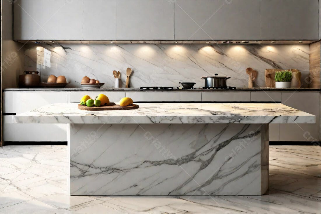 Cozinha moderna com ilha de mármore branco