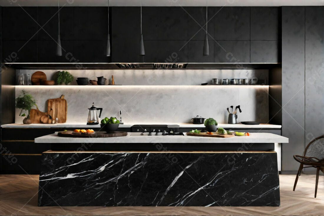Cozinha moderna com ilha em mármore preto
