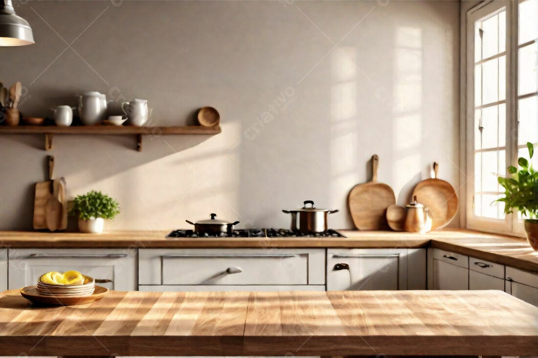 Cozinha aconchegante iluminada pelo sol da manhã