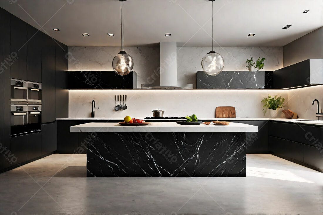 Cozinha moderna com ilha em mármore preto