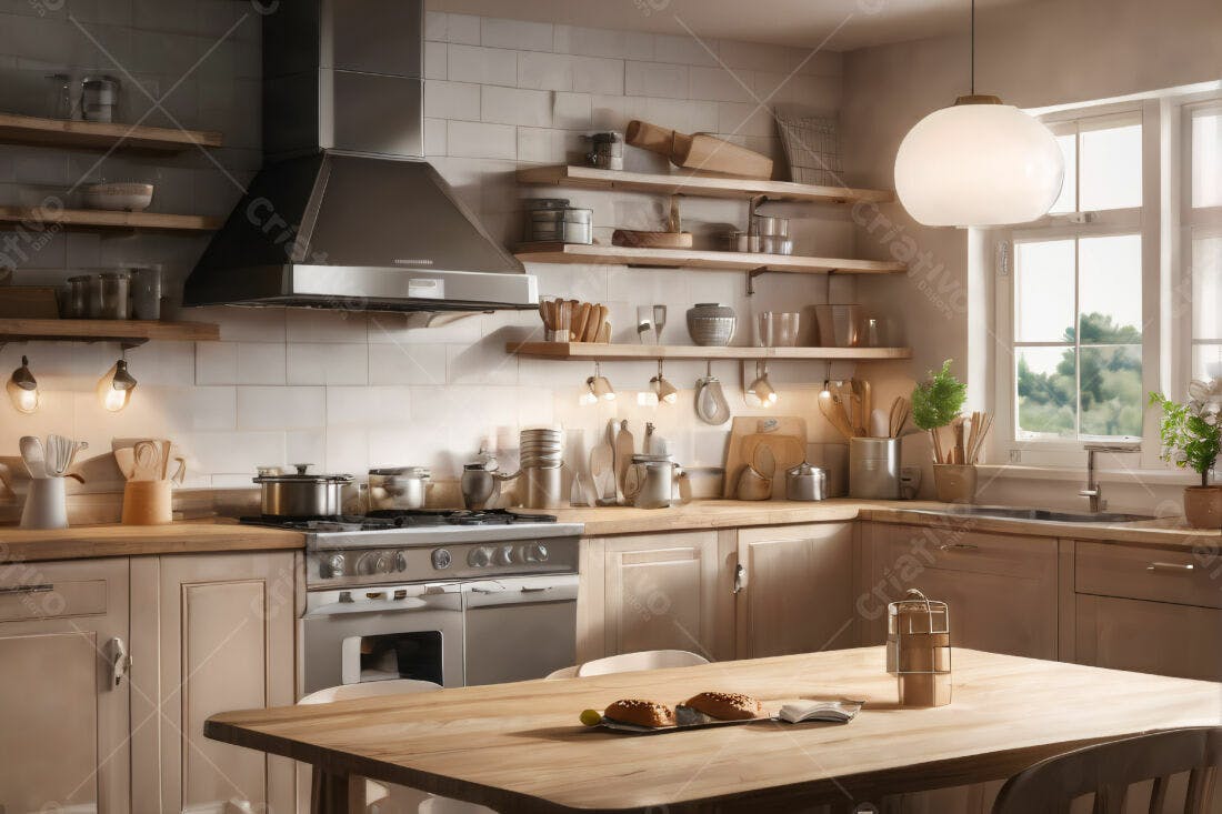 Cozinha aconchegante estilo rústico com mesa de madeira