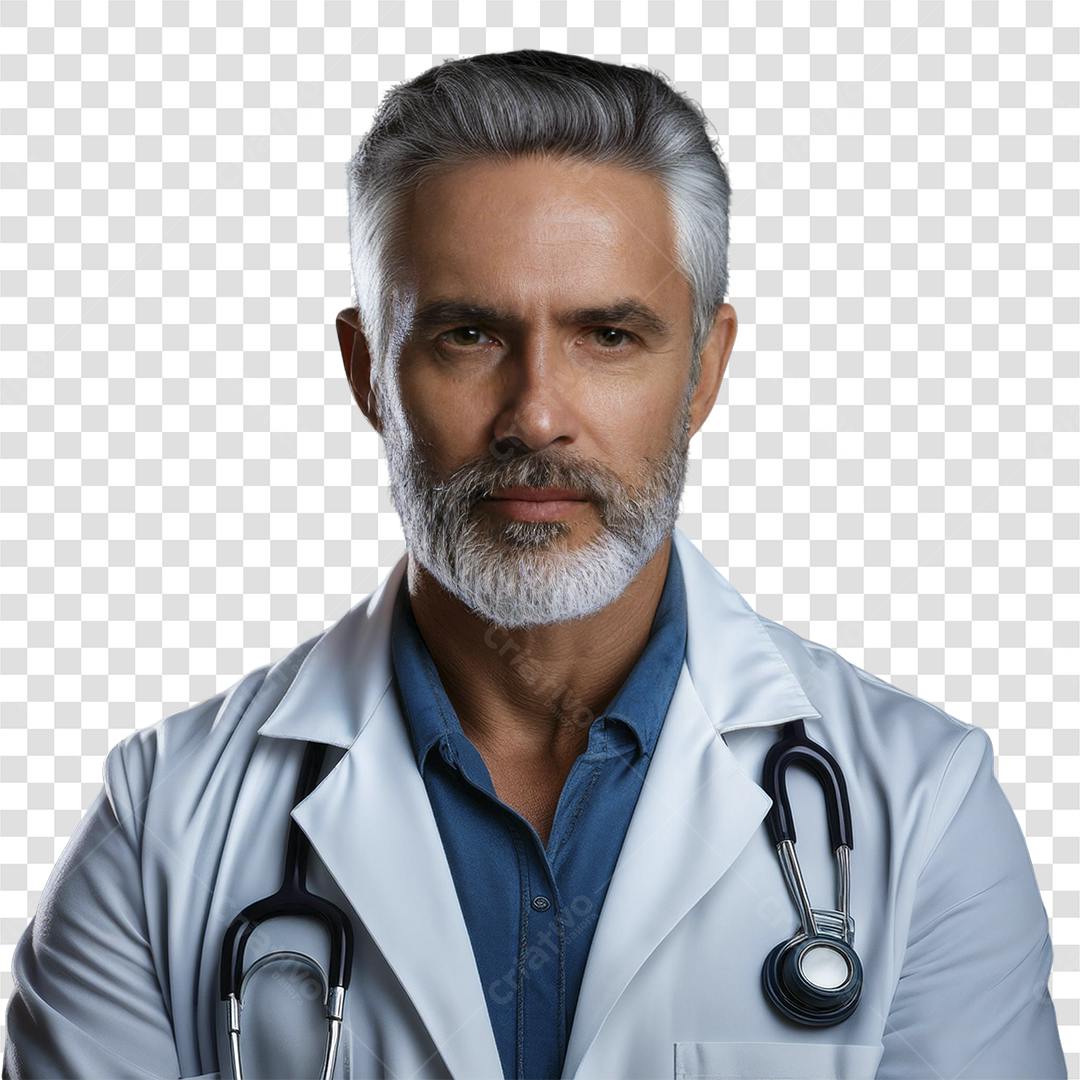 Médico com barba grisalha e jaleco branco